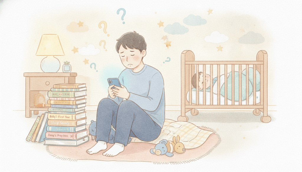 深夜、眠る赤ちゃんのそばで、積み上がった育児書に囲まれてスマホを見つめる父親(水彩イラスト)