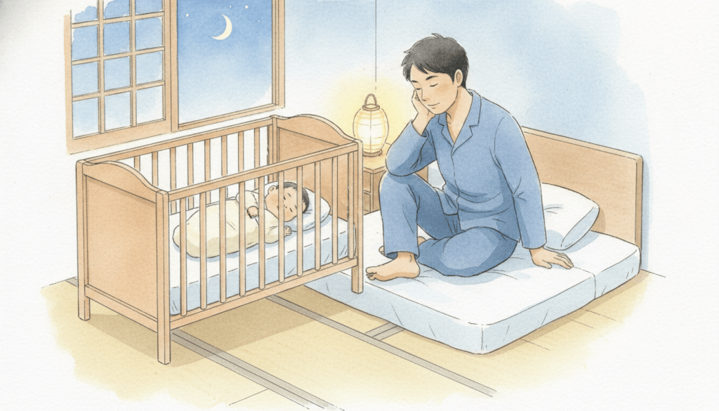 何も入れていないベビーベッドで仰向けに眠る赤ちゃんと、すぐ隣の布団から見守る父親(水彩イラスト)