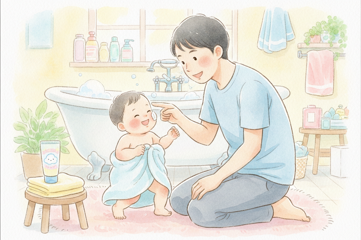 お風呂上がりに、笑う赤ちゃんの頬へ指先でクリームを塗る父親(水彩イラスト)